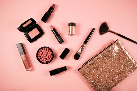 Makeup cosmetic flay lay pink cloral backgroundの写真素材