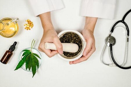 cbd thc oil medical treatment in doctor laboratory. natural medicine on clinical research . top view.の写真素材