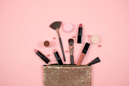 Makeup cosmetic flay lay pink cloral backgroundの写真素材