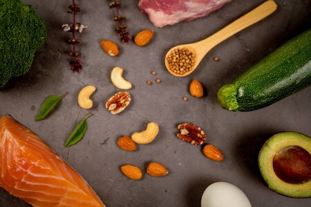 ketogenic diet , low carbohydrate and keto meal plan . nutrition and calorie count for fiber, protein and fat. weight loss program . paleo food with salmon and omega3.の写真素材