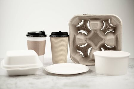 Eco-friendly biodegradable coffee cup , box, blow, plate,straw made by paper and recycle packaging.