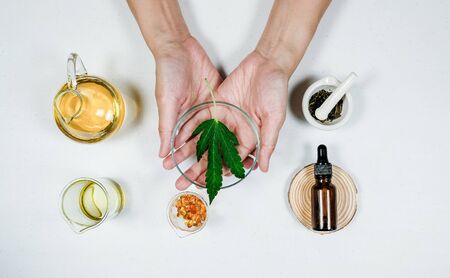 cbd thc oil medical treatment in doctor laboratory. natural medicine on clinical research . top view.の写真素材