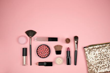 Makeup cosmetic flay lay pink cloral backgroundの写真素材
