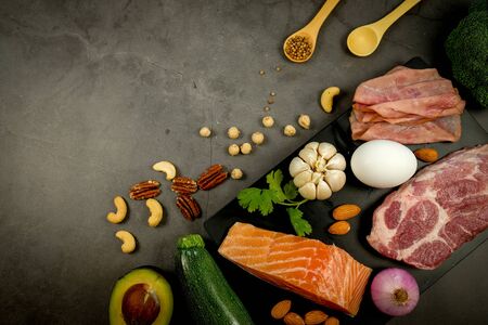 ketogenic diet , low carbohydrate and keto meal plan . nutrition and calorie count for fiber, protein and fat. weight loss program . paleo food with salmon and omega3.の写真素材