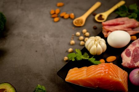 ketogenic diet , low carbohydrate and keto meal plan . nutrition and calorie count for fiber, protein and fat. weight loss program . paleo food with salmon and omega3.の写真素材