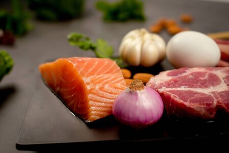 ketogenic diet , low carbohydrate and keto meal plan . nutrition and calorie count for fiber, protein and fat. weight loss program . paleo food with salmon and omega3.の写真素材