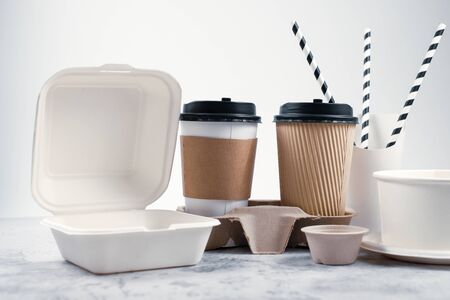 Eco-friendly biodegradable coffee cup , box, blow, plate,straw made by paper and recycle packaging.の写真素材