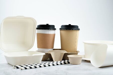 Eco-friendly biodegradable coffee cup , box, blow, plate,straw made by paper and recycle packaging.の写真素材