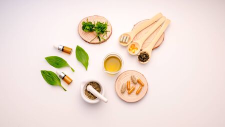 alternative herb medicine with herbal the organic natural in the laboratory. oil capsule, natural organic.food nutrition healthy and wellness.の写真素材
