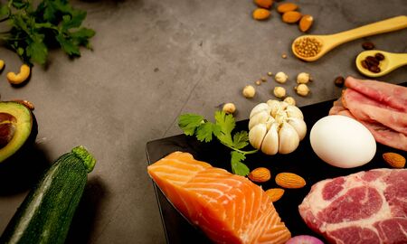 ketogenic diet , low carbohydrate and keto meal plan . nutrition and calorie count for fiber, protein and fat. weight loss program . paleo food with salmon and omega3.の写真素材