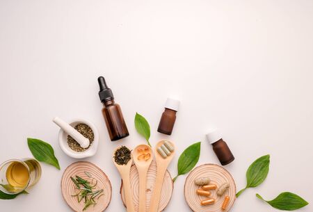 alternative herb medicine with herbal the organic natural in the laboratory. oil capsule, natural organic. food nutrition healthy and wellness.の写真素材