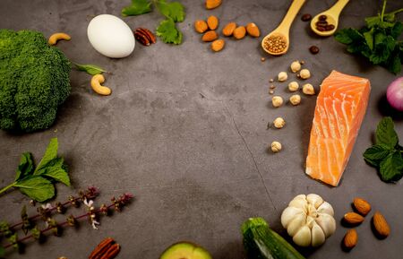 ketogenic diet , low carbohydrate and keto meal plan . nutrition and calorie count for fiber, protein and fat. weight loss program . paleo food with salmon and omega3.の写真素材