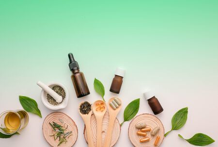 alternative herb medicine with herbal the organic natural in the laboratory. oil capsule, natural organic.food nutrition healthy and wellness.の写真素材