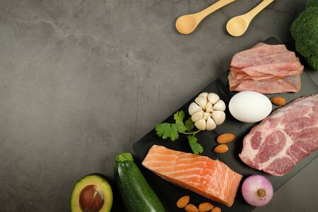 ketogenic diet , low carbohydrate and keto meal plan . nutrition and calorie count for fiber, protein and fat. weight loss program . paleo food with salmon and omega3.の写真素材