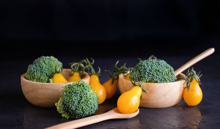 vegan and vegetarian diet healthy food. vegetable decorative on black backgroundの写真素材