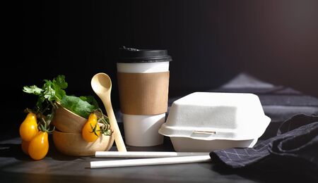 healthy fresh food vegetable by farmer market for online order ready to delivery with eco box and cup and biodegradable package.の写真素材