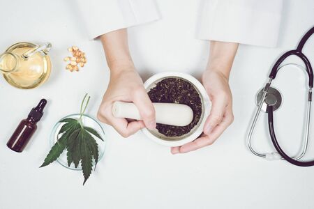 cbd thc oil medical treatment in doctor laboratory. natural medicine on clinical research . top view.の写真素材
