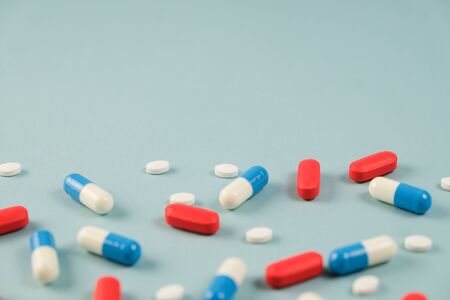 medicine pattern on bright blue background. modern pharmacyの写真素材