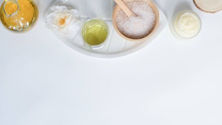 spa and skin care product with luxury natural ingredient. Himalayan pink salt and natural massage essential oil.の写真素材