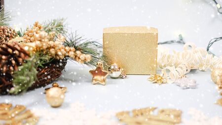 2020 Christmas and new year background banner with the beautiful decor gift for holiday in winter. On bright blue, golden and silver color theme with snow flake. top view with copy space.の写真素材