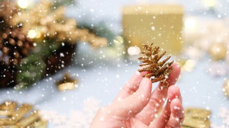 2020 Christmas and new year background banner with the beautiful decor gift for holiday in winter. On bright blue, golden and silver color theme with snow flake. top view with copy space.の写真素材