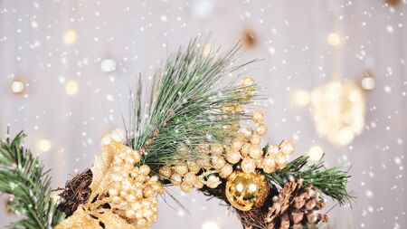 2020 Christmas and new year background banner with the beautiful decor gift for holiday in winter. On bright blue, golden and silver color theme with snow flake. top view with copy space.の写真素材