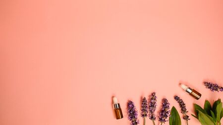 skin care product on pink flat lay backgroung . organic beauty essential oil with herbal and lavender.aromatheraphy for wellness and sp concept.の写真素材