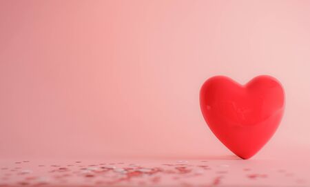 Valentine's Day background . red gloss heart with confetti on pink pastel background with copy space. wedding wallpaper.の写真素材