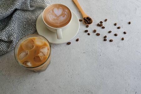 Coffee cup and beans top view with copyspace . flat lay latte for menu, background, banner and advertisement. brew caffeine drink and modern style.の写真素材