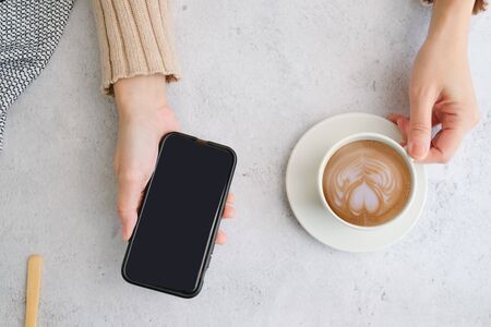 Coffee cup and beans top view with copyspace . flat lay latte for menu, background, banner and...