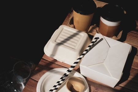 Eco friendly fast food and drink biodegradable containers from recycle paper . climate change and global warming to save environment.sustainability concept Top viewの写真素材