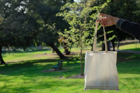 the re useable plastic free bag. eco friendly and sustainability life. hipster and minimal lifestyle to save the green earth and environment . trees background.の写真素材