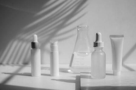 cosmetic skincare set with the laboratory flask.の写真素材