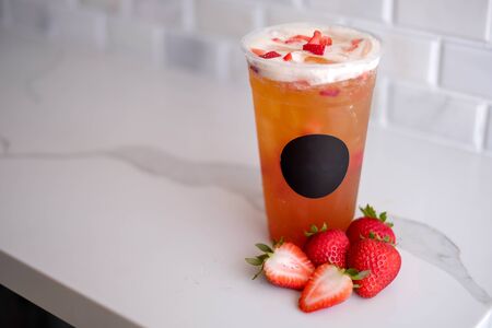 strawberry ice tea. cold refreshment drink.の写真素材