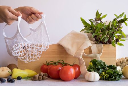 grocery and vegetable shopping and zero waste concept.の写真素材