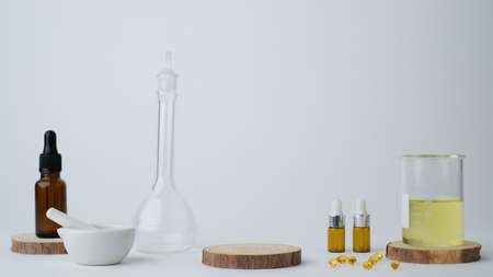 skincare with the laboratory glass and ingredient for research and development experiment.の写真素材