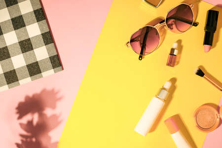 Beauty cosmetic product on flatlay background . Skincare for summer and travel.の写真素材