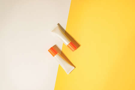 Beauty cosmetic product on flatlay background . Skincare for summer and travel.の写真素材