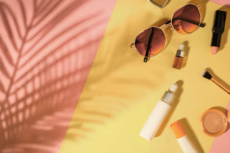 Beauty cosmetic product on flatlay background . Skincare for summer and travel.