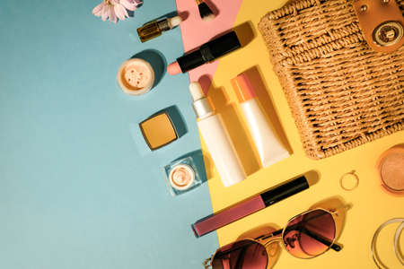 Beauty cosmetic product on flatlay background . Skincare for summer and travel.の写真素材