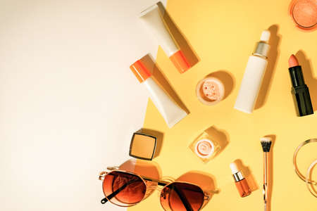 Beauty cosmetic product on flatlay background . Skincare for summer and travel.の写真素材
