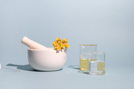 yellow flower in pestle and mortar with natural oil in a beaker on blue background.の写真素材