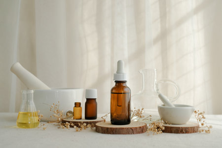 The composition of the amber bottle, pestle, mortar, and oil container for natural skincare, spa, cosmetic and beauty product concepts.の写真素材