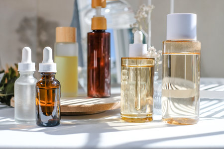 Skincare, cosmetic, and body care products with a mirror and flowers.の写真素材