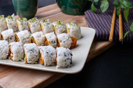 California sushi roll, Japanese traditional dishes combine with American ingredients. selective focusの写真素材