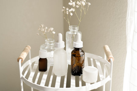 Close-up, The natural skincare products is on the white shelf in the bathroom for spa,self-care, and beauty concept. Selective focusの写真素材