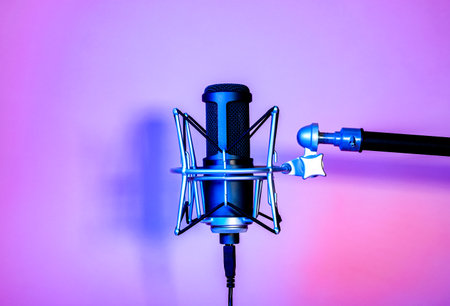 a black microphone on neon background under the neon light. podcasting, singing, and recording background.の写真素材