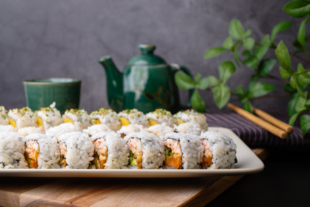 California sushi roll, Japanese traditional dishes combine with American ingredients. selective focusの写真素材