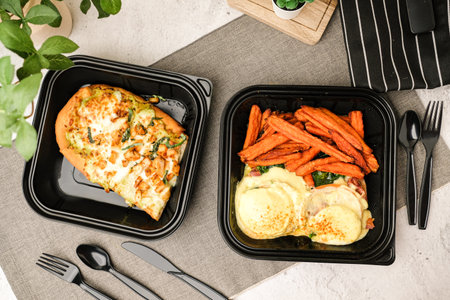 Take away or to-go food box of pizza and egg benedict for delivery and online order. American traditional food.の写真素材