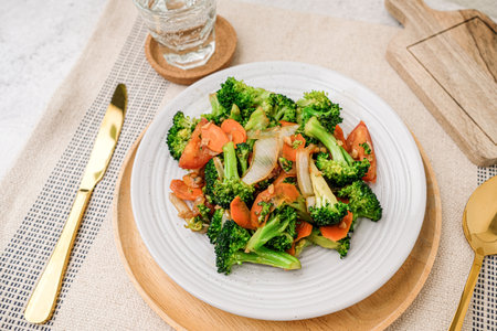 Broccoli and vegetable stir fry. healthy eating and vegan food concepts.の写真素材